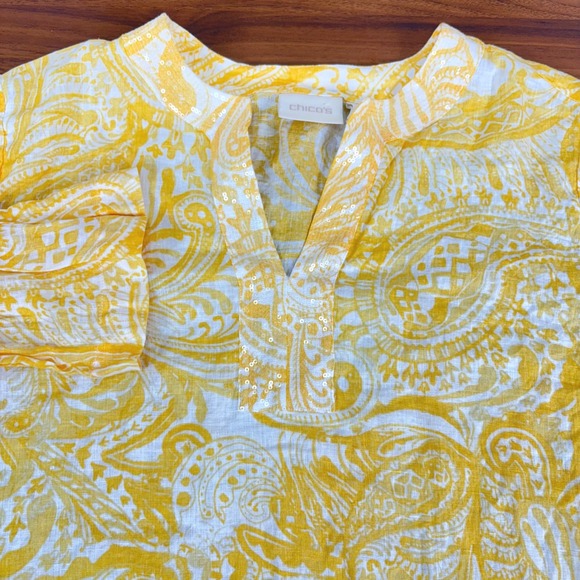 Chicos Linen Tunic Top Yellow White Paisley Print Sequins V Neck‎ Size 3/US 16 - Picture 6 of 14